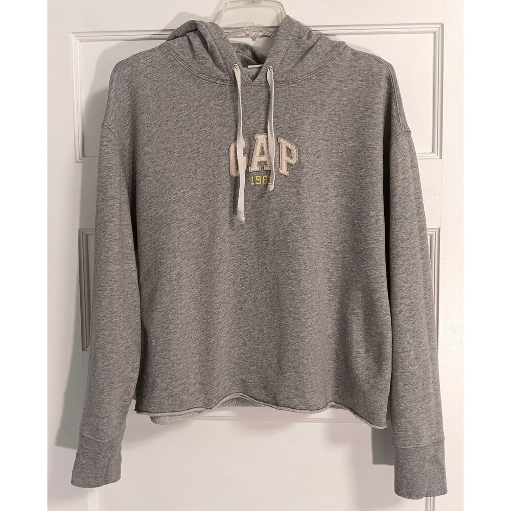 Vtg Gap Crop Hoodie Women M Gray Embroidered Logo Oversized Sweatshirt 90s Y2K